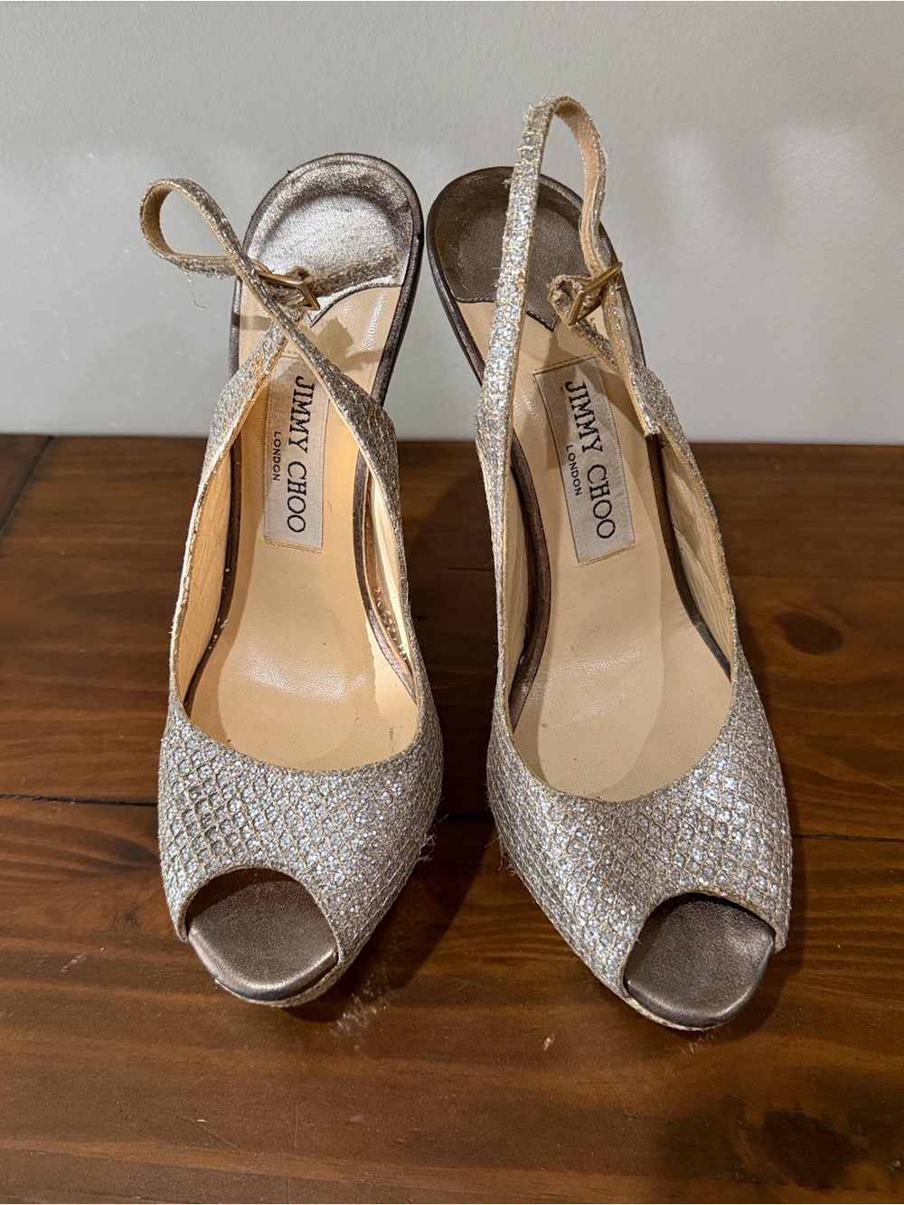 Jimmy Choo Clue Champagne Glitter Platform Heels Slingback EU 38 US 8 Authentic - Picture 3 of 12